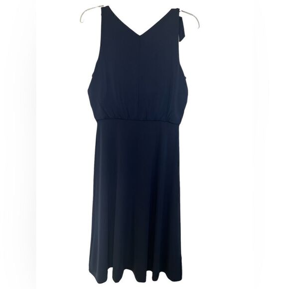 Ann Taylor Navy Blue Matte Jersey Shoulder Tie Flare Midi Dress SP - Picture 2 of 8